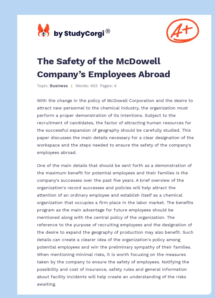 The Safety of the McDowell Company’s Employees Abroad. Page 1