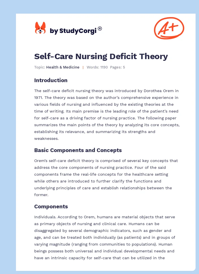 Self-Care Nursing Deficit Theory. Page 1