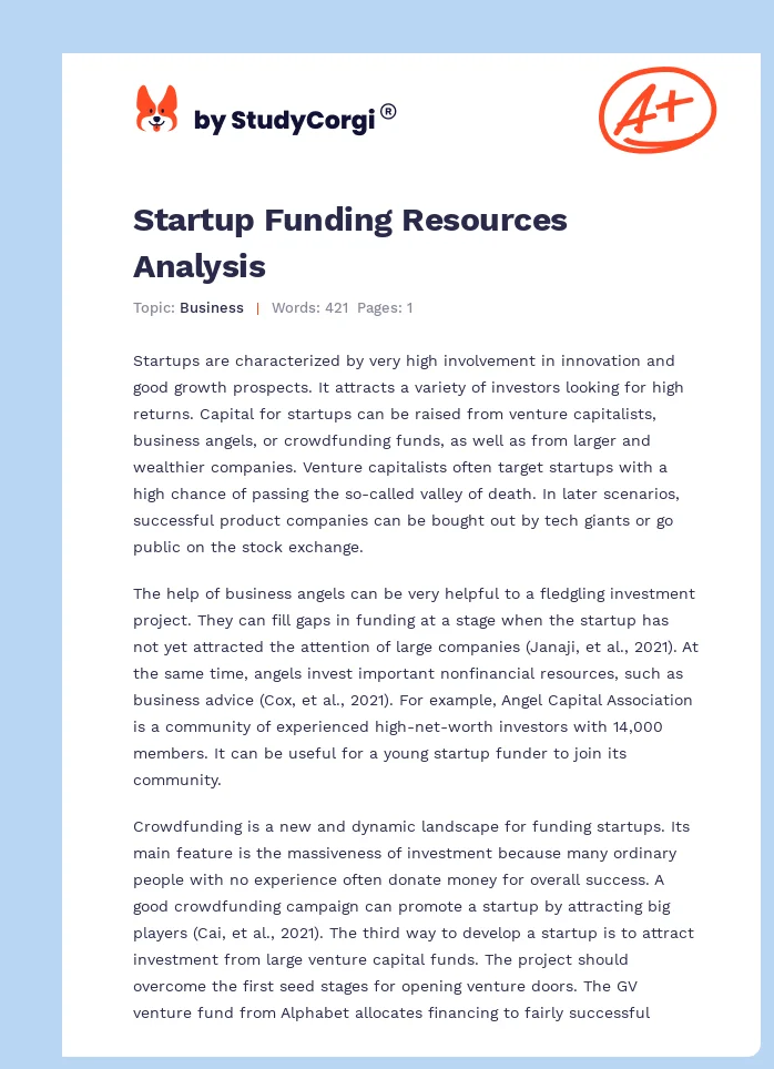 Startup Funding Resources Analysis. Page 1