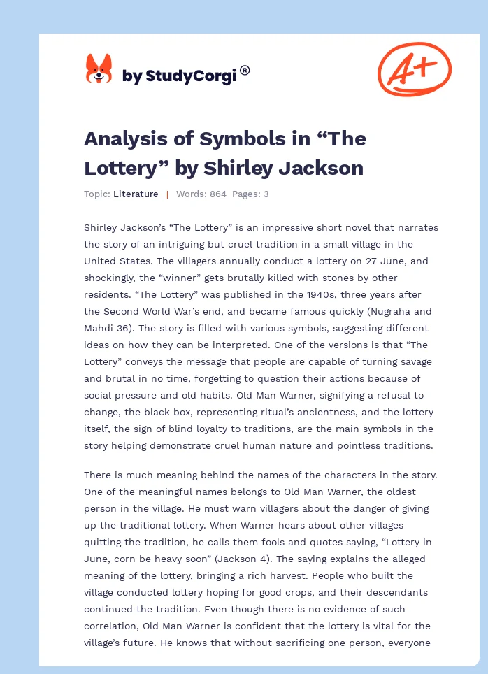 Analysis of Symbols in “The Lottery” by Shirley Jackson. Page 1