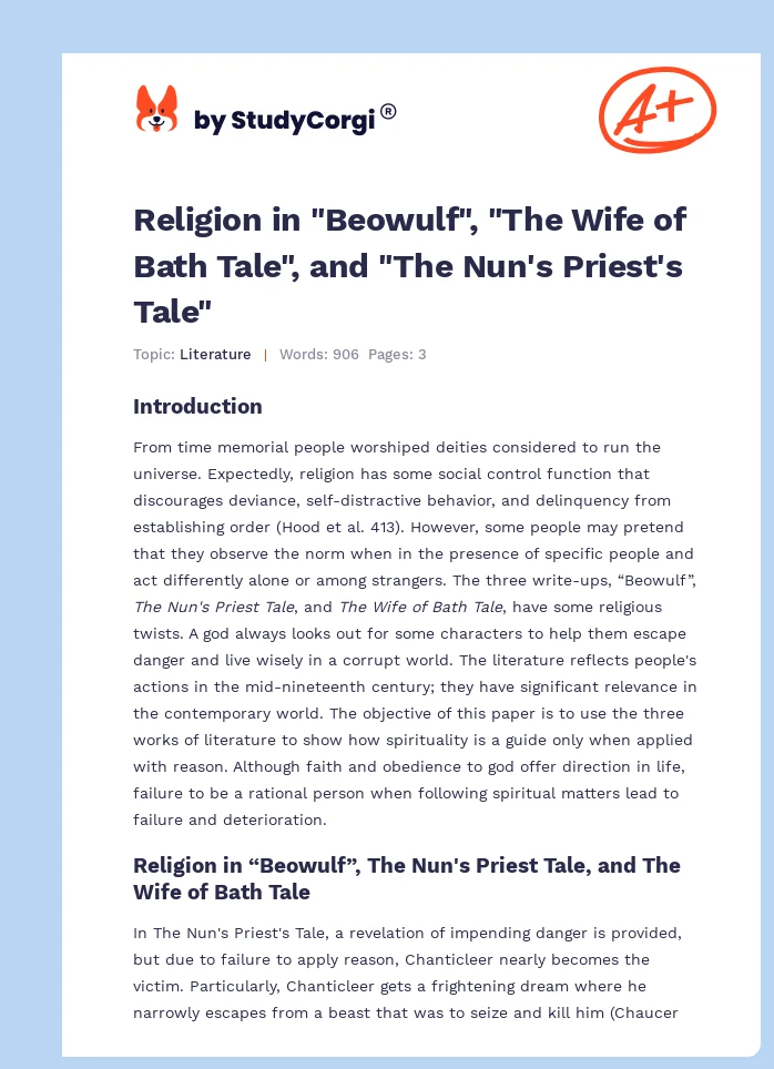 Religion in "Beowulf", "The Wife of Bath Tale", and "The Nun's Priest's Tale". Page 1
