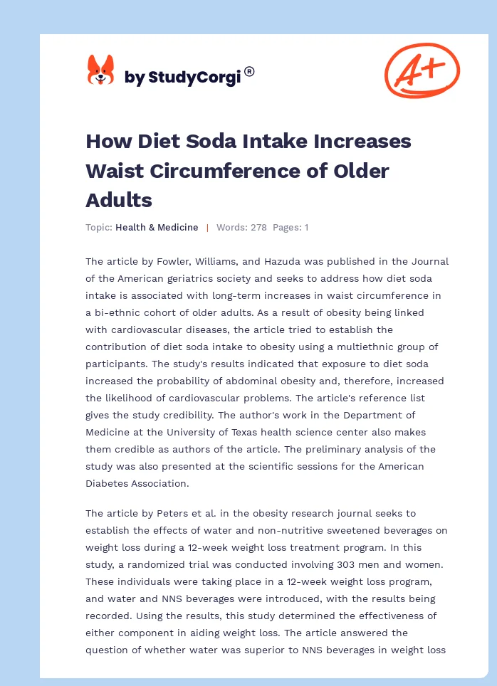 How Diet Soda Intake Increases Waist Circumference of Older Adults. Page 1