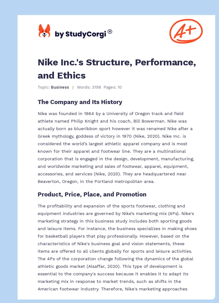 Nike Inc.'s Structure, Performance, and Ethics. Page 1