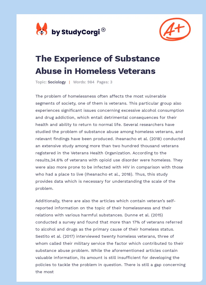 The Experience of Substance Abuse in Homeless Veterans. Page 1
