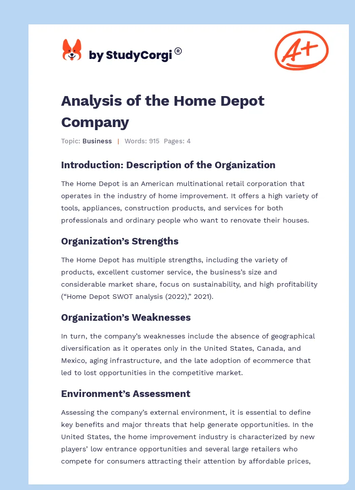 Analysis of the Home Depot Company. Page 1