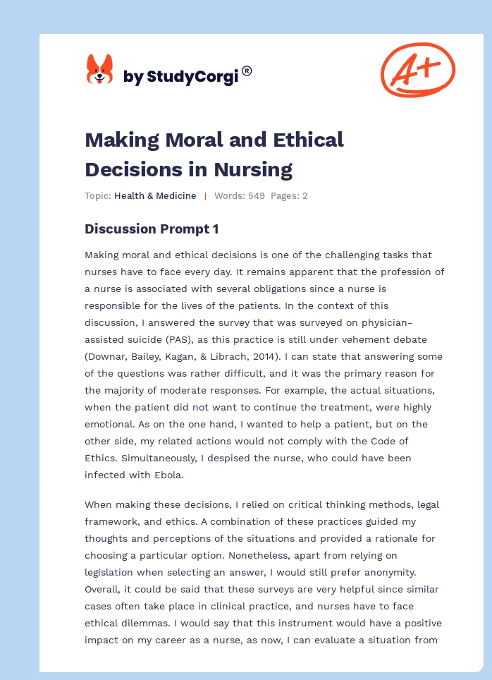 Making Moral and Ethical Decisions in Nursing. Page 1