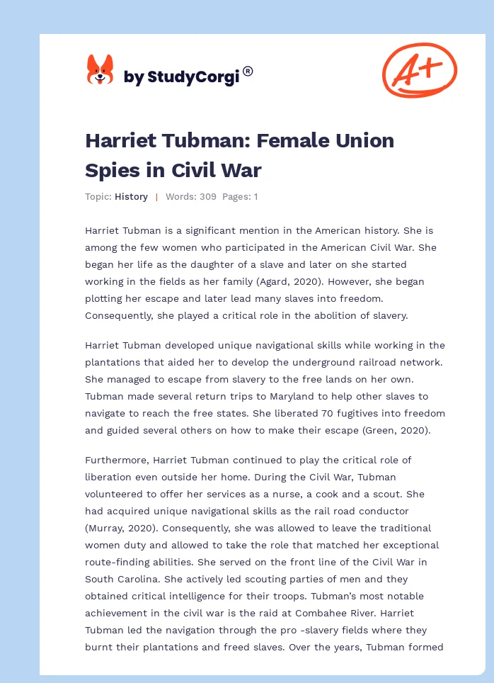 Harriet Tubman: Female Union Spies in Civil War. Page 1