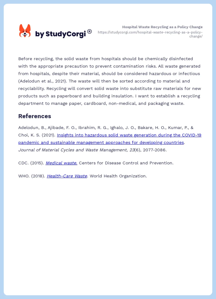 Hospital Waste Recycling as a Policy Change. Page 2