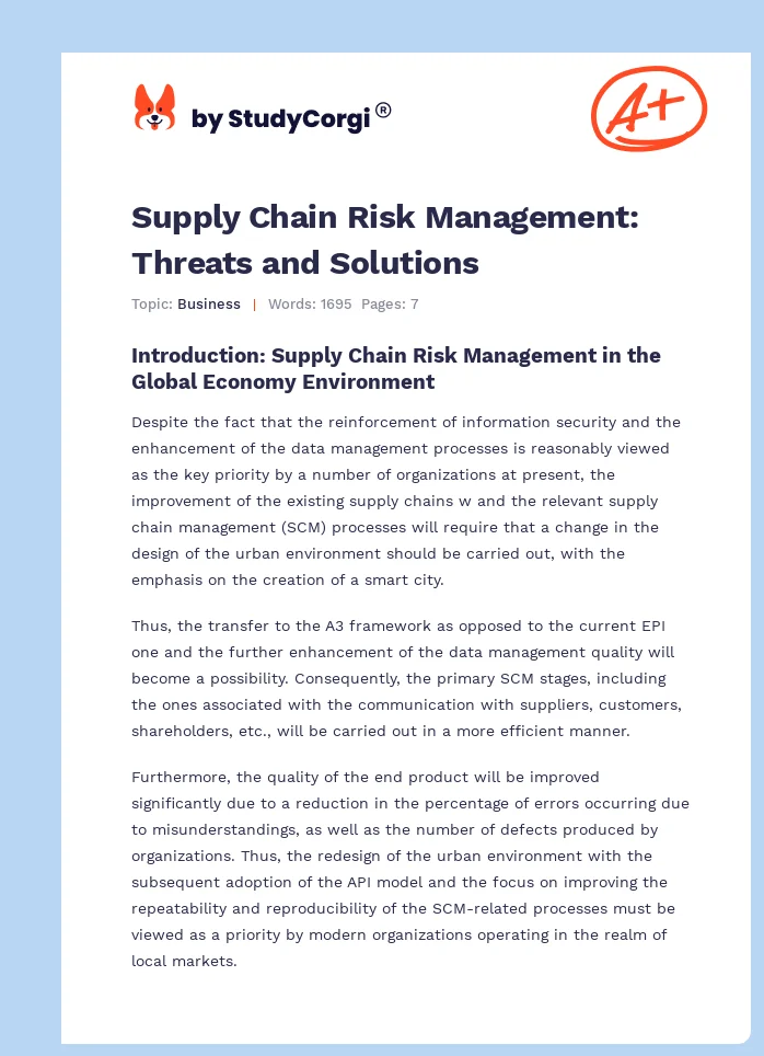 Supply Chain Risk Management: Threats and Solutions. Page 1