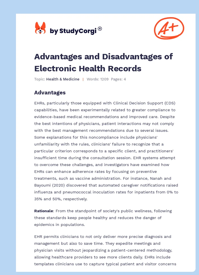 Advantages and Disadvantages of Electronic Health Records. Page 1