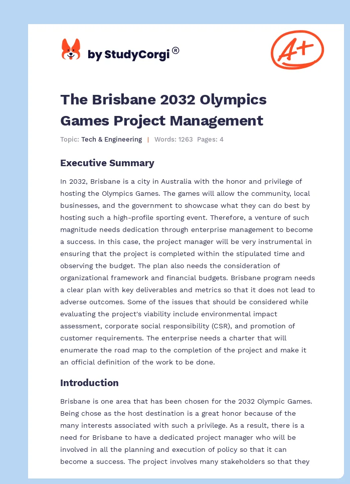 The Brisbane 2032 Olympics Games Project Management. Page 1