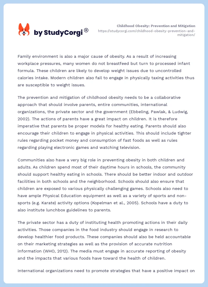 Childhood Obesity: Prevention and Mitigation. Page 2