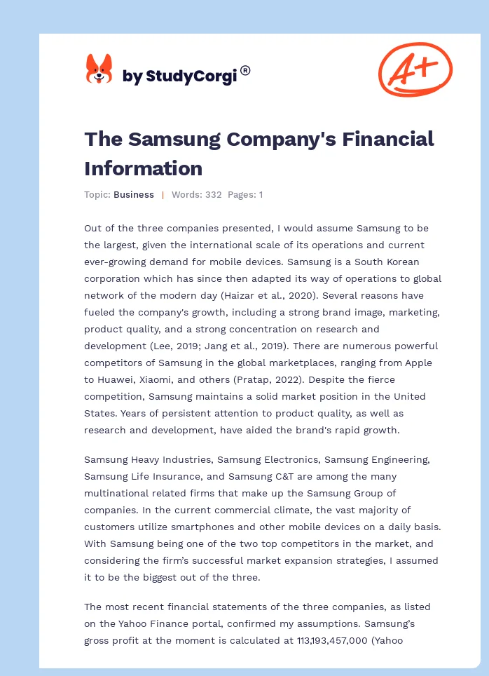 The Samsung Company's Financial Information. Page 1