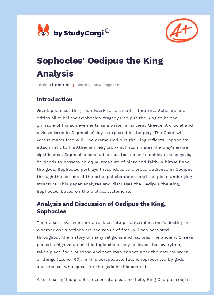 Sophocles' Oedipus the King Analysis. Page 1