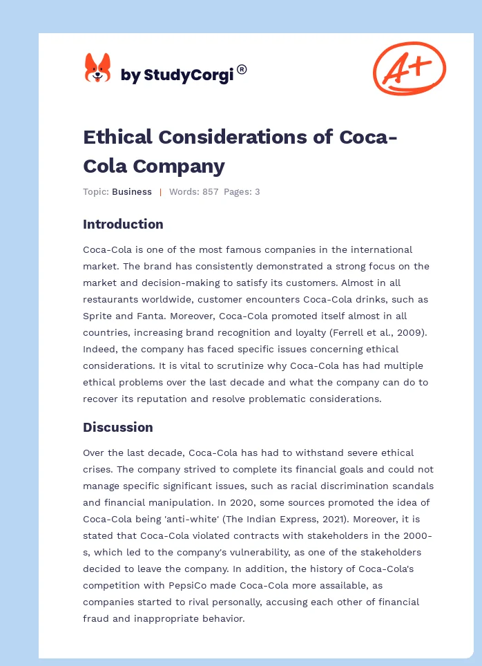 Ethical Considerations of Coca-Cola Company. Page 1