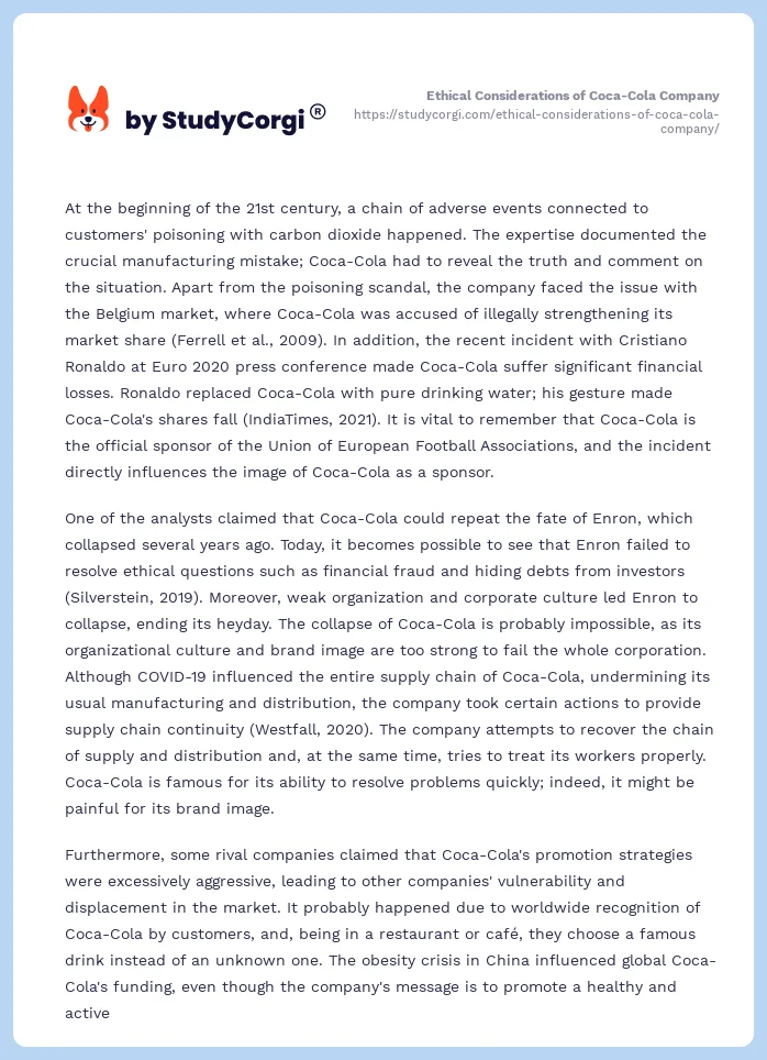 Ethical Considerations of Coca-Cola Company. Page 2