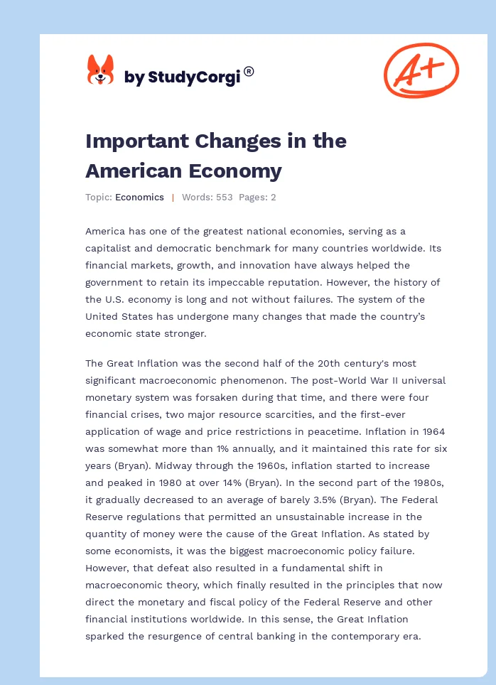 Important Changes in the American Economy. Page 1