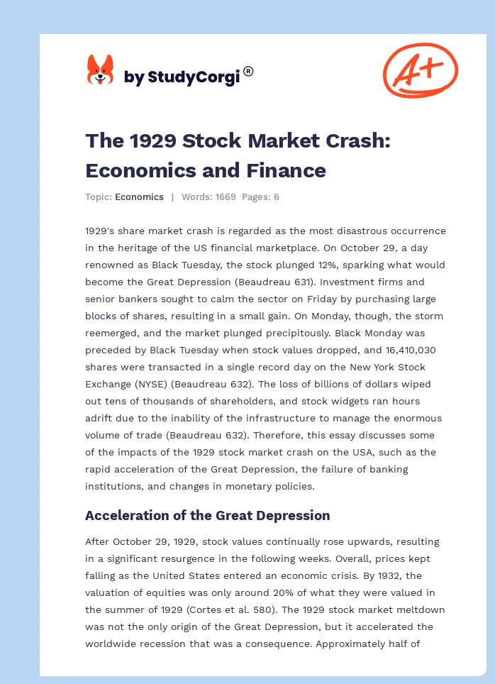 The 1929 Stock Market Crash: Economics and Finance. Page 1
