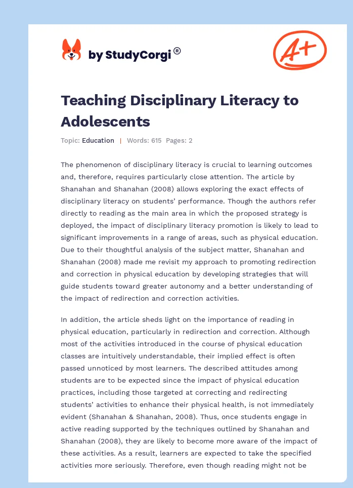 Teaching Disciplinary Literacy to Adolescents. Page 1