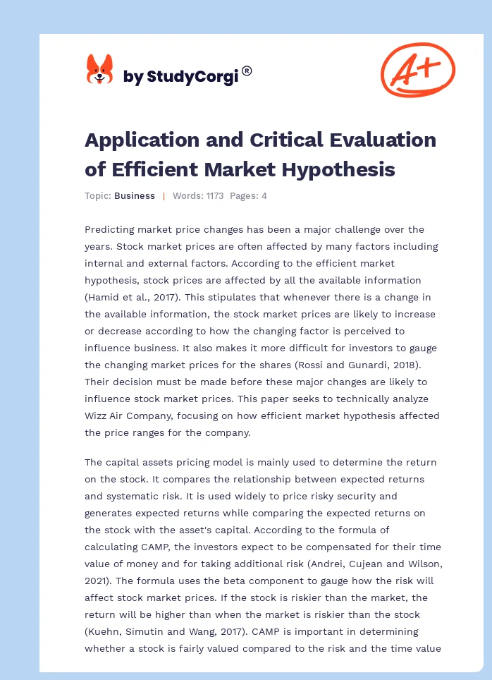 Application and Critical Evaluation of Efficient Market Hypothesis. Page 1