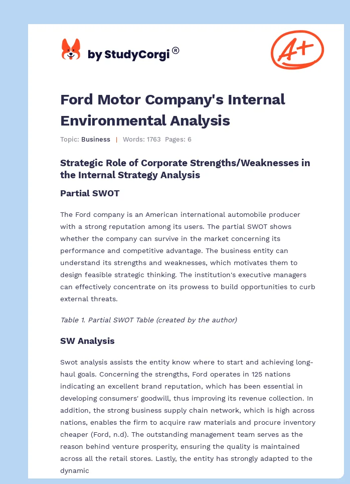 Ford Motor Company's Internal Environmental Analysis. Page 1