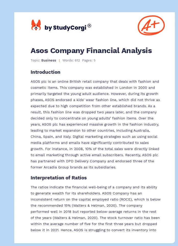 Asos Company Financial Analysis. Page 1