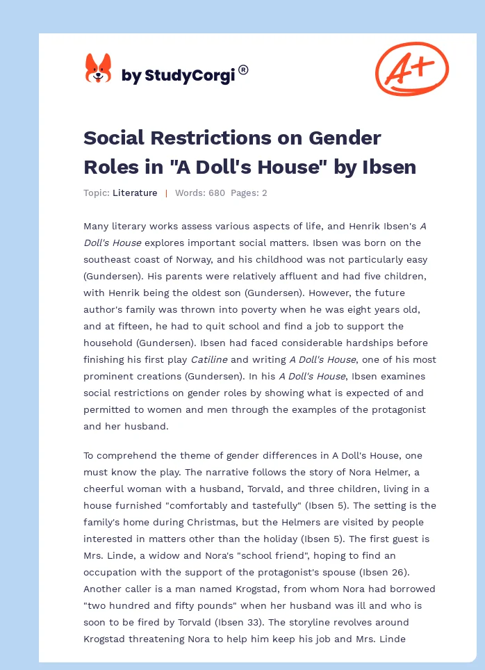 Social Restrictions on Gender Roles in "A Doll's House" by Ibsen. Page 1