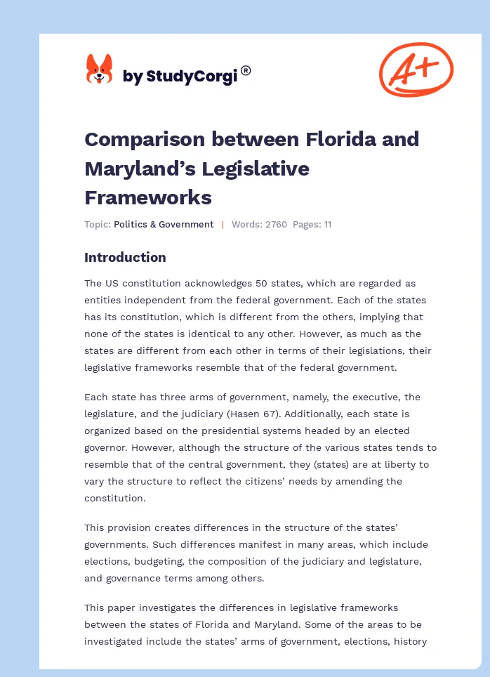 Comparison between Florida and Maryland’s Legislative Frameworks. Page 1