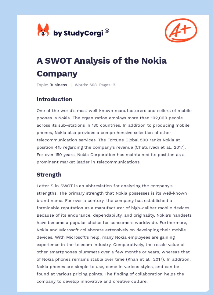A SWOT Analysis of the Nokia Company. Page 1
