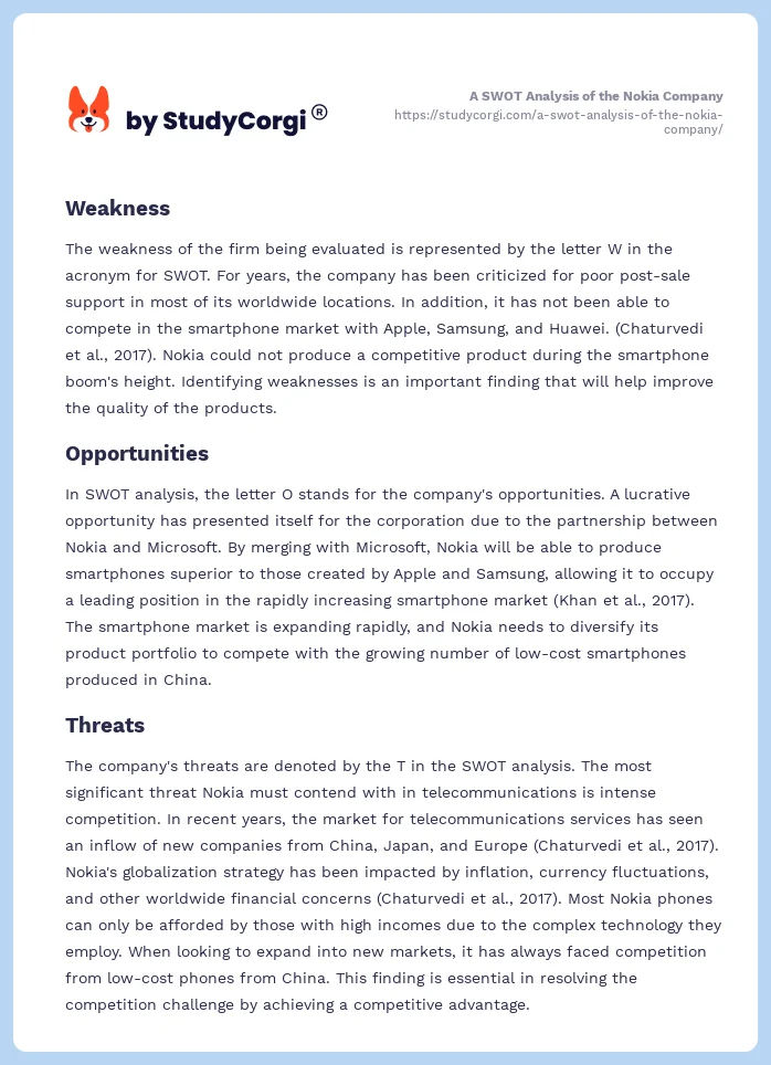 A SWOT Analysis of the Nokia Company. Page 2