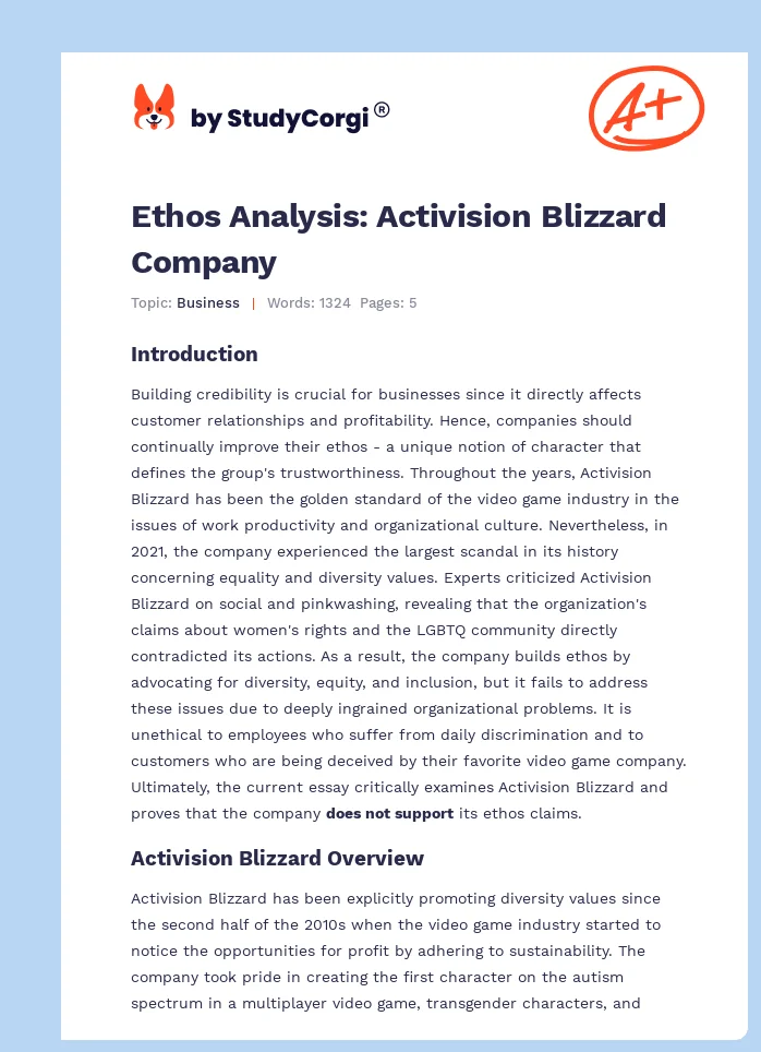 Ethos Analysis: Activision Blizzard Company. Page 1
