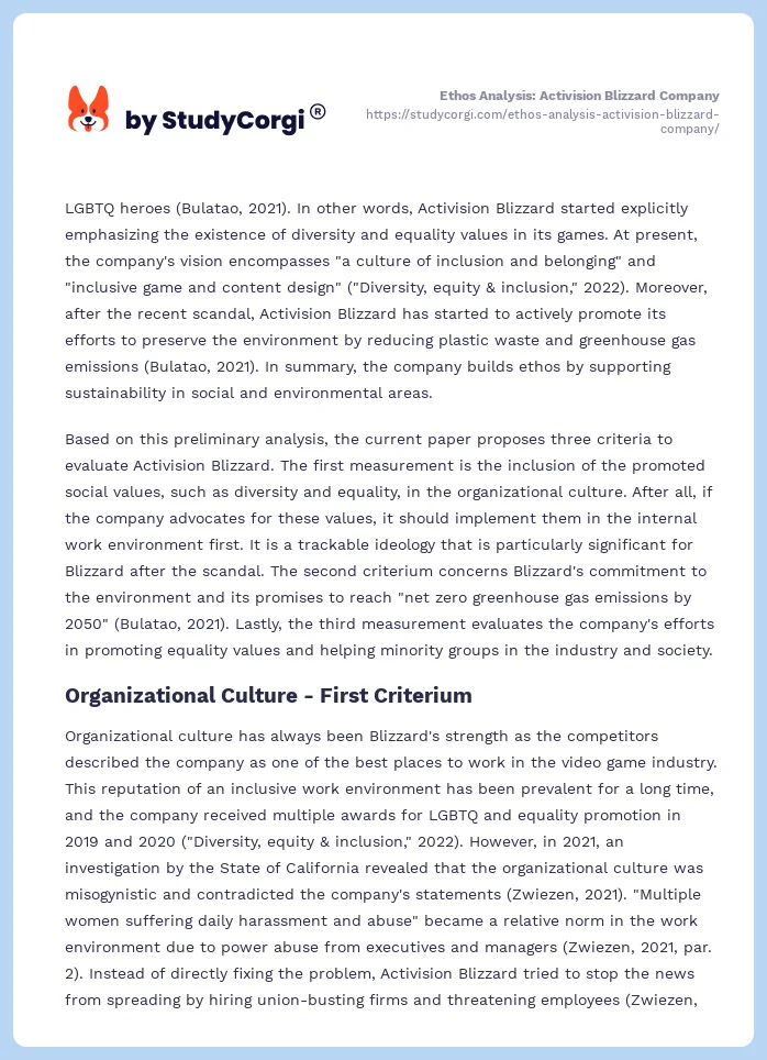 Ethos Analysis: Activision Blizzard Company. Page 2