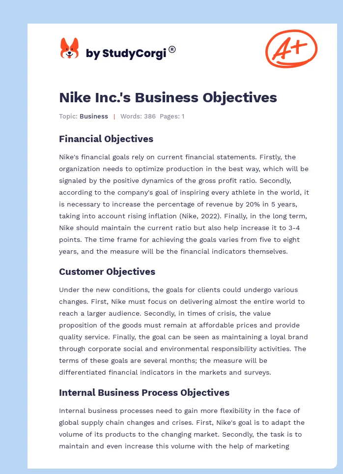 Nike Inc.'s Business Objectives. Page 1