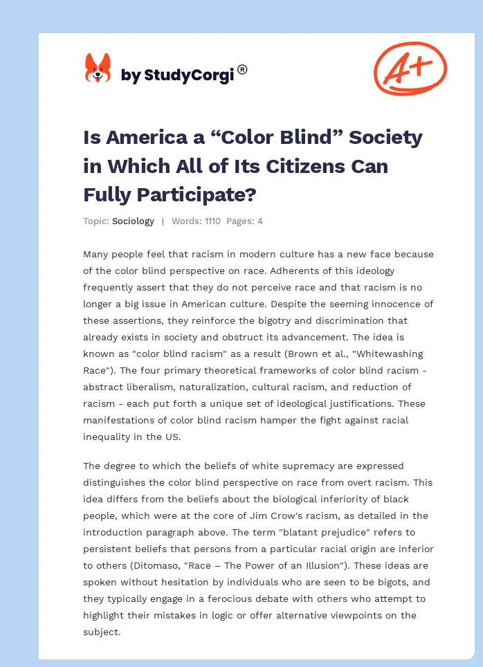 Is America a “Color Blind” Society in Which All of Its Citizens Can Fully Participate?. Page 1