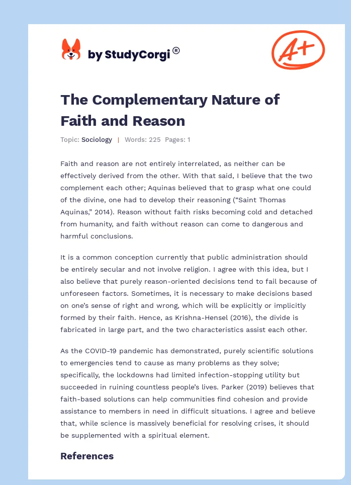 The Complementary Nature of Faith and Reason. Page 1