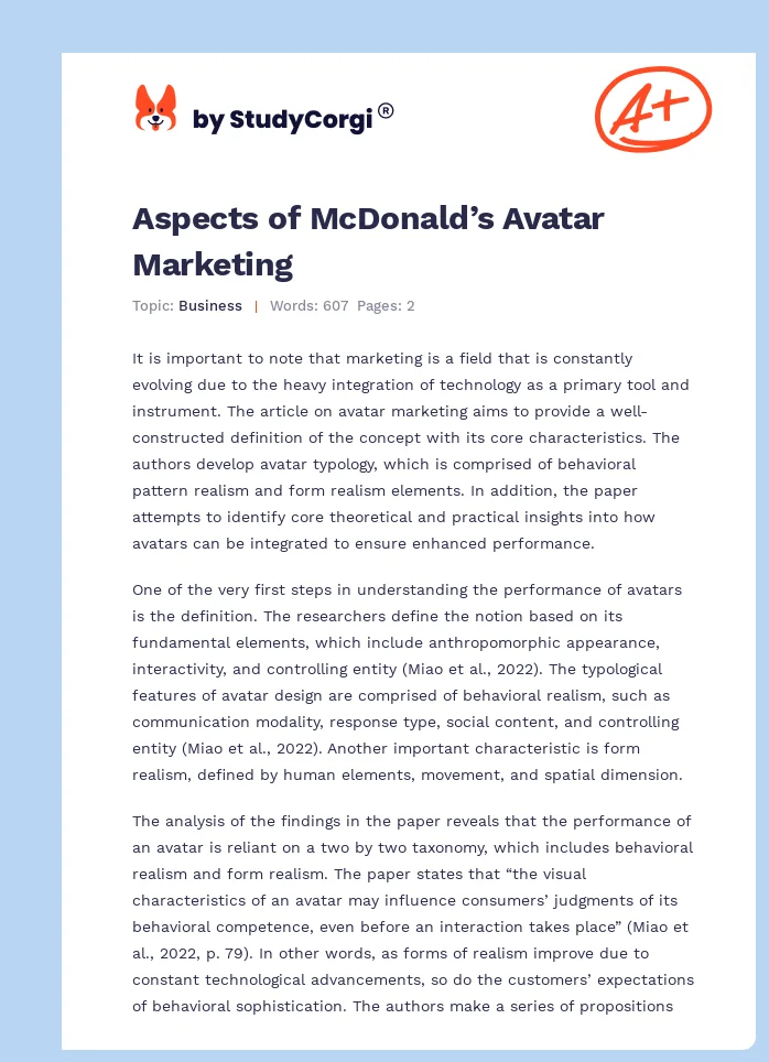 Aspects of McDonald’s Avatar Marketing. Page 1