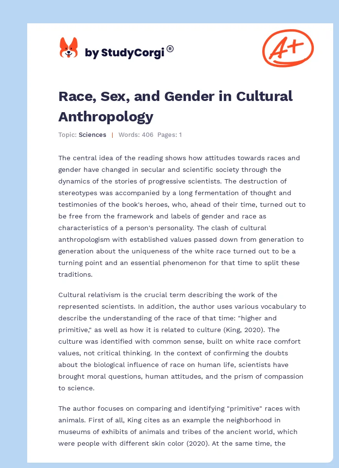 Race, Sex, and Gender in Cultural Anthropology. Page 1