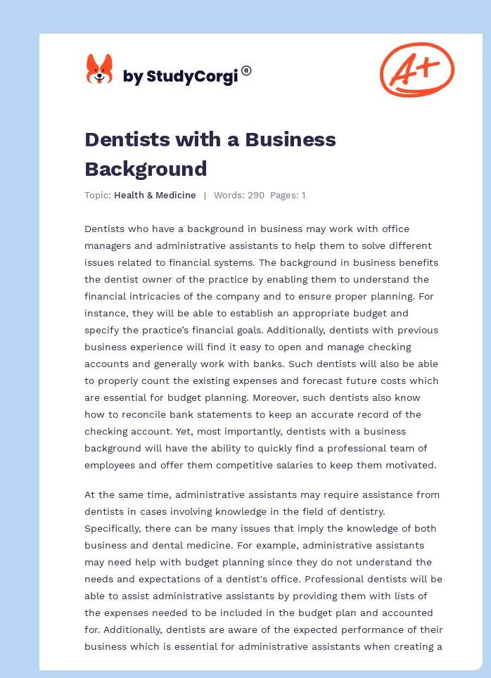 Dentists with a Business Background. Page 1