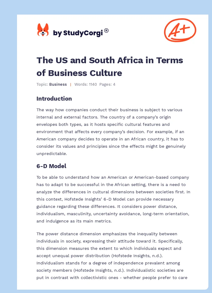 The US and South Africa in Terms of Business Culture. Page 1