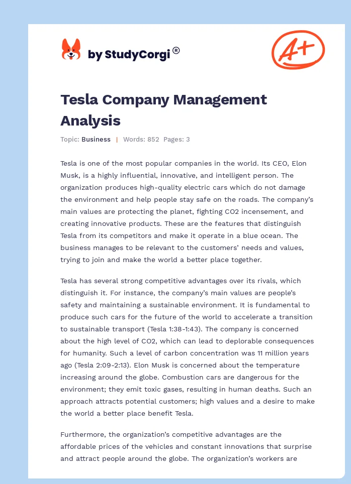 Tesla Company Management Analysis. Page 1