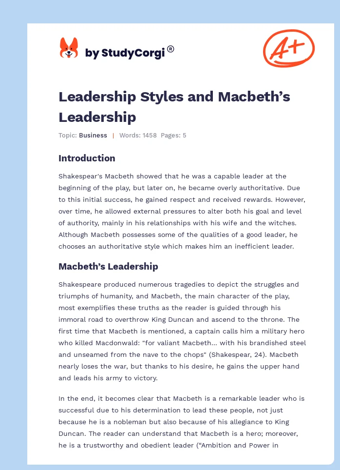 Leadership Styles and Macbeth’s Leadership. Page 1