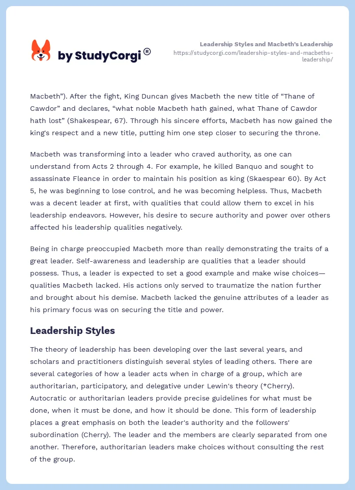 Leadership Styles and Macbeth’s Leadership. Page 2