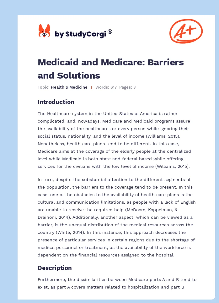 Medicaid and Medicare: Barriers and Solutions. Page 1
