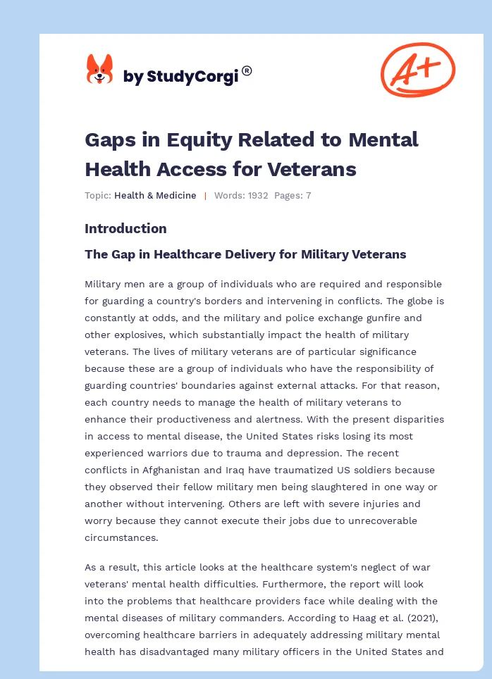 Gaps in Equity Related to Mental Health Access for Veterans. Page 1