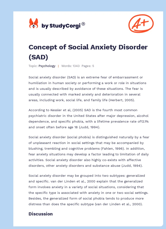Concept of Social Anxiety Disorder (SAD). Page 1