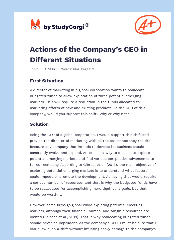 Actions of the Company’s CEO in Different Situations. Page 1