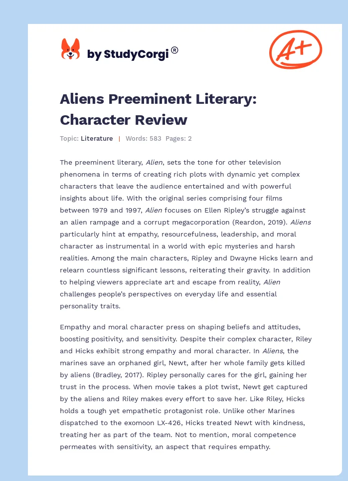 Aliens Preeminent Literary: Character Review. Page 1