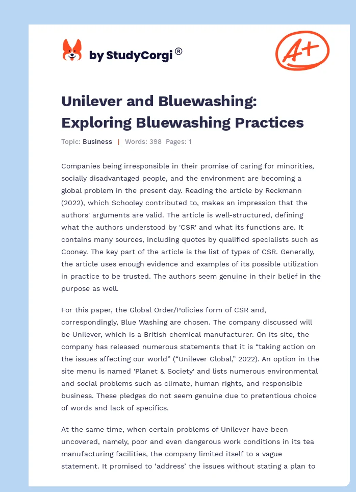 Unilever and Bluewashing: Exploring Bluewashing Practices. Page 1