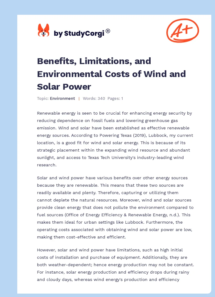 Benefits, Limitations, and Environmental Costs of Wind and Solar Power. Page 1