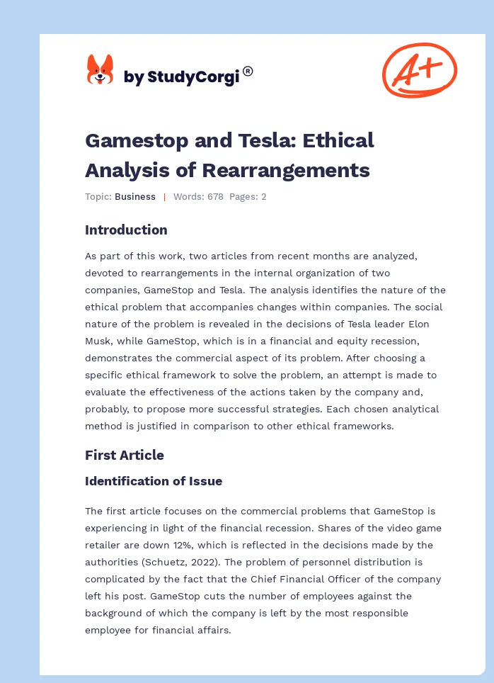 Gamestop and Tesla: Ethical Analysis of Rearrangements. Page 1